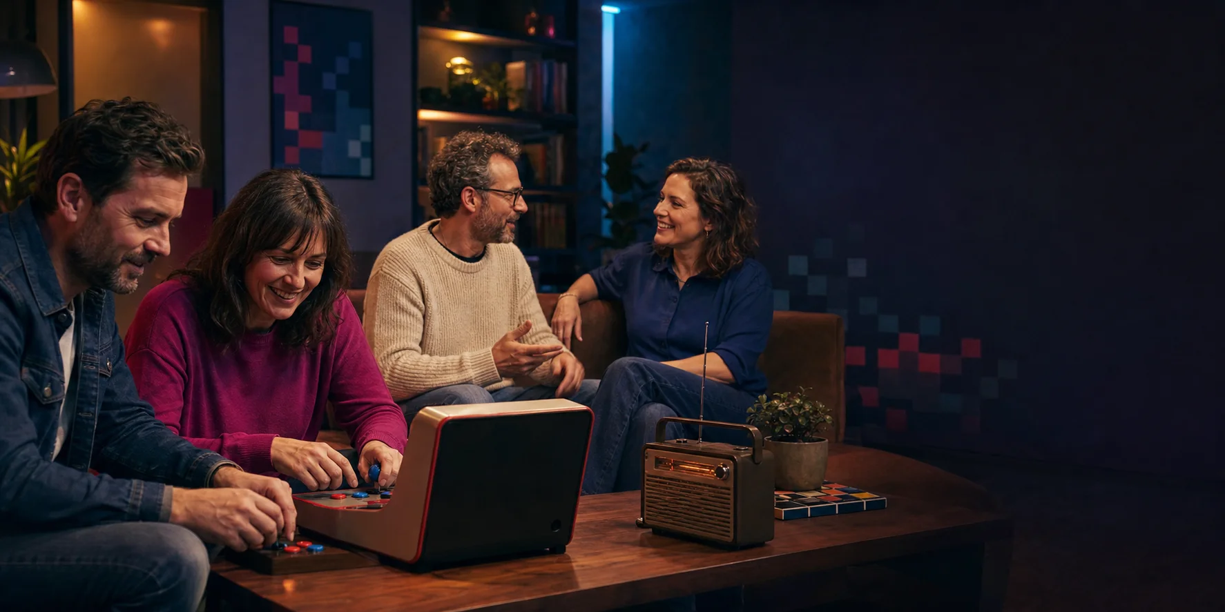 Erwachsene genießen gemeinsam Retrospiele, Radio und freundliche Gespräche